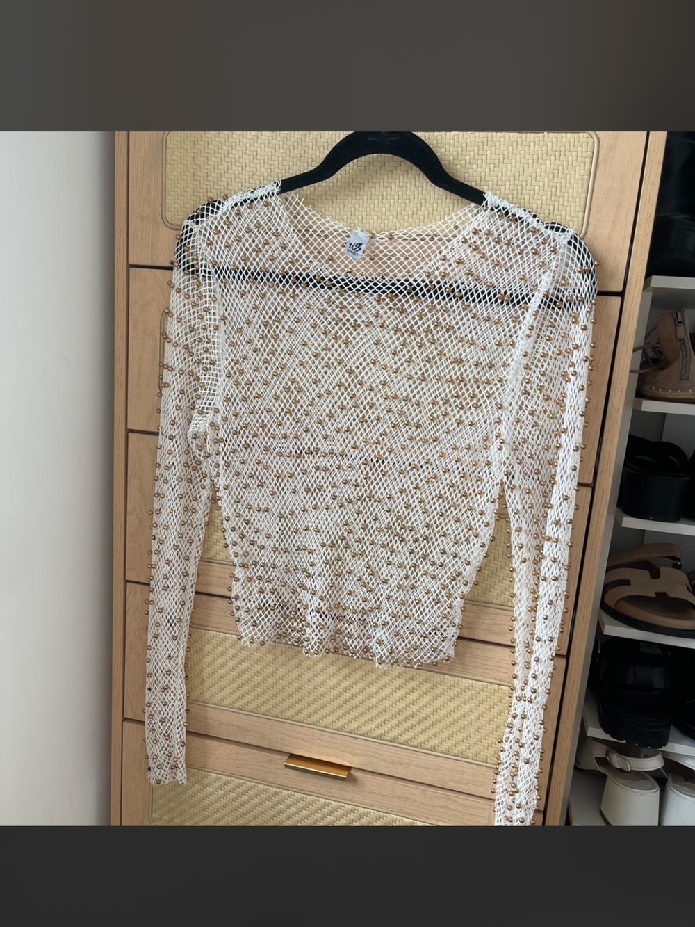 Y2K White Beaded Mesh Long-Sleeve Top